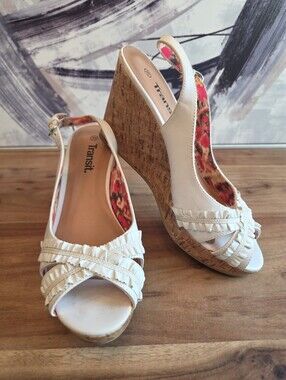 TRANSIT White Ruffle Wedge Sandals – Cork Sole, Vintage Vibe ,Pin Up ,Size 39